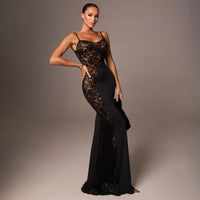 Solid-color Sleeveless Sexy Lace-spliced Slip Bodycon Maxi Dress