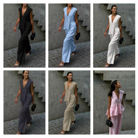 Womens Cotton V-Neck Sleeveless Vest And Wide-Leg Pants Set