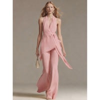 Neck-hanging Backless Belted Sleeveless Wide-leg Suit For Women