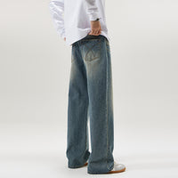 Washed Blue Pleated Jeans Men's Loose
