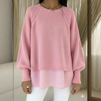 Solid Color Casual Crew Neck Sweater With A Chiffon Hem And Puff Sleeves