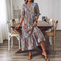 Womens Printed Casual Short-Sleeve V-Neck Tasseled Stand-Up Collar Long Dress