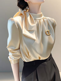 Champagne Satin Long-sleeve Shirt With A Bow-tie Tie-up Top