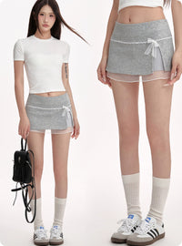 Gray Midi Skirt With Patchwork Lace Trim For Women, Summer