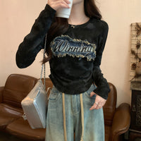Retro Denim Patch T-shirt Women's Long-sleeved Short Top