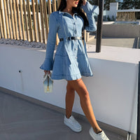 Retro Slim-fit Bow-tied Casual Waistband Long-sleeve Denim A-line Dress