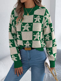 Snowflake Plaid Lantern Sleeve Pullover Sweater