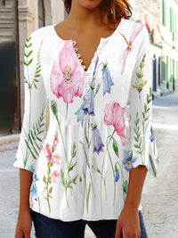 Women's Floral Printed 34 Sleeves V-neck Buttons Shirt