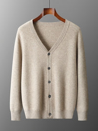 Pure Wool Cardigan Men's V-neck Solid Color Long Sleeve