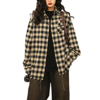 Womens Retro Maillard Loose All-Match Plaid Blouse