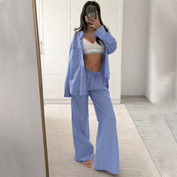 Fashionable Striped Casual Simple Womens Long-Sleeve Top And Pants Loose Set