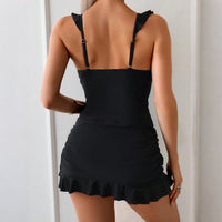 Ruffle-trimmed Solid-color Bikini Three-piece Set For Vacation