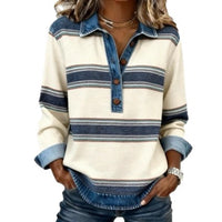 Korean-Style Striped Cable-Knit Preppy-Style Badge Lapel Knit Sweater For Women