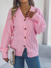 Women Casual V-Neck Lantern Sleeve Cable Knit Button Cardigan Sweater