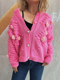 Cute Three-dimensional Flower Decorative Knitted Cardigan Round Neck Sweater