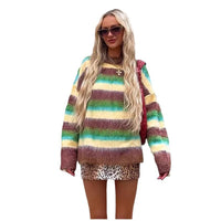 Comfortable Casual Colorful Crew Neck Striped Knit Sweater