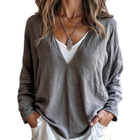 Elegant Gray V-Neck Linen Long-Sleeve Shirt