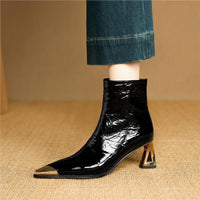 Wine-Red Sheepskin Patent Leather Pointed-Toe Ankle Boots For Women With A Stiletto Heel