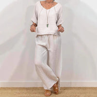 Womens Multi-Color Two-Piece Set Casual V-Neck Pullover With Three-Quarter Sleeves And Extended Pants