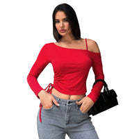 European And American Slanted Collar Sweet And Spicy Style T-shirt Autumn And Winter Crop Top Design, Short Red Top For Women