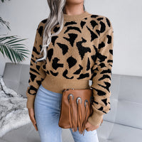 Women Casual Leopard Print Cinched Knit Cropped Sweater
