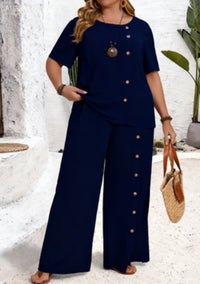 Solid-color Button-up Casual Loose-fit Set