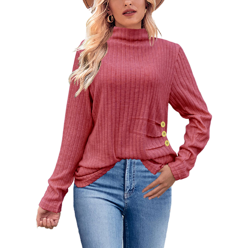 European And American Brushed Sunken Stripe Knitted Turtleneck Side Button Women's Top