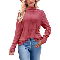 European And American Brushed Sunken Stripe Knitted Turtleneck Side Button Women's Top