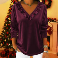 Womens Stylish Solid-Color Long-Sleeve Top With Ruffled V-Neck