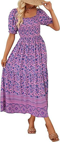 Bohemian Floral Square-Neckline Resort Long Dress
