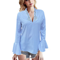 European And American Low Cut Rhinestone High Collar Solid Color Lotus Leaf Long Sleeve Shirt