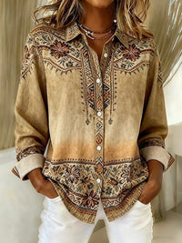Womens Loose-Fitting Long-Sleeve Lapel-Neck Printed Shirt