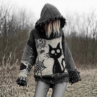 Drop-Shoulder Vintage Womens Printed Loose Hooded Top