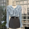French Elegant Ruffled V-neck Long Sleeve Shirt Women