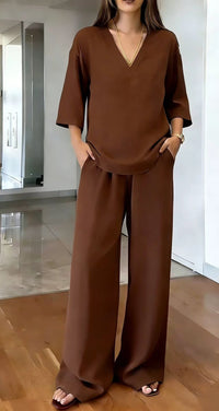 Women's V-neck Short-Sleeve Top And Wide-Leg Pants Casual Set