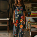 Art Oil Painting Plant Floral Print Jeans Jumpsuit