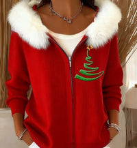 Stylish 3D Digital-Print Womens Cardigan With Faux Fur Hoodie