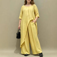 Womens Retro Casual Loose Top And Wide-Leg Pants Two-Piece Set