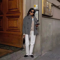 Women's Casual Double Breasted Solid Color Woolen Overcoat Coat