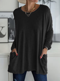 Spring And Summer New Round Neck Long Sleeve Loose Pockets Solid Color