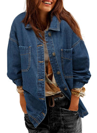 Women's Denim Jacket Large Pocket Button Long Sleeve Split Denim