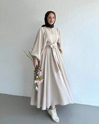 Muslim Fashion Suit Bishop Sleeves Top Swing Mid-length Dress Set
