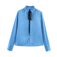 Satin Chiffon Flounce Trim Lace Up Long Sleeve Shirt