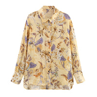 Linen Blended Ethnic Style Floral Print Long Sleeve Shirt