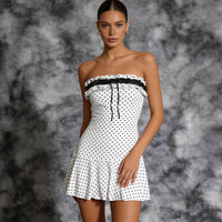Womens Polka-Dot Waist-Cinching Tube Dress
