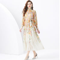 Floral-print Dress With A Stand-up Collar And Long Sleeves Exuding A High-end Aesthetic