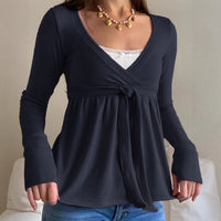 Cross-neck Tie-up Ruffled Loose-fit Lace Bow Long Sleeve