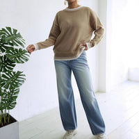 Women's Round Neck Contrast Color Stitching Leisure Pullover Loose Sweater