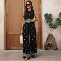 Retro Resort-Style Two-Piece Set In Black With Ethnic Geometric Print For Women