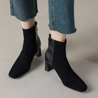 Womens Korean-style Square-toe Leather Chunky-heel Patchwork Ankle Boots